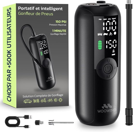 SnelShoppen - Elektrische Fietspomp Luchtpomp voor Auto, Fiets en Motorfiets met Autostop, 10,3 Bar, LCD-Display, LED-Licht, Snelle Accu Compressor, I