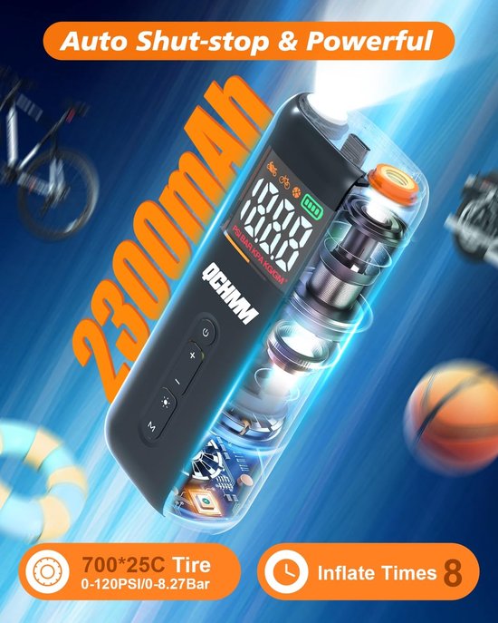 SnelShoppen - Elektrische Fietspomp met Digitale LCD Drukmeter - Mini Fiets Luchtpomp tot 150 PSI - Oplaadbare 2300 mAh Type C Accu voor Fietsen, Moun