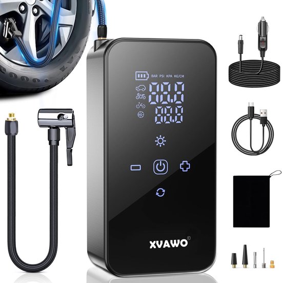 SnelShoppen - Elektrische Luchtpomp Mini-Compressor met Digitaal Display en Oplaadbare Accu voor Auto, Motor, Fiets, E-Bike en Ballen - Handige en Kra