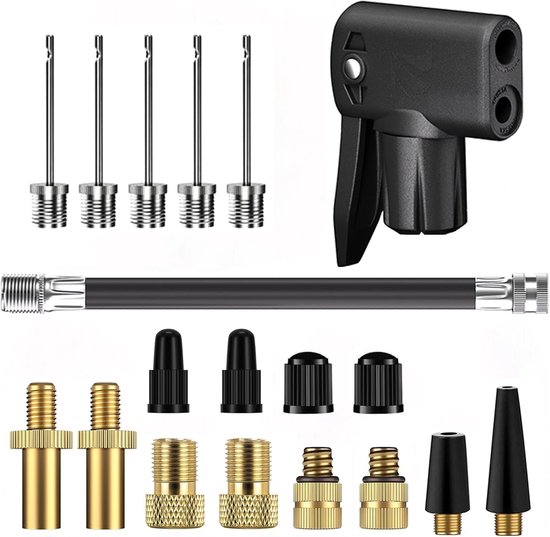 SnelShoppen - Fietspomp Adapter voor Presta en Schrader Ventielen - Dual Valve Converter met Ventieldoppen, Luchtpomp Inflatorkop, Verlengslang en Bal