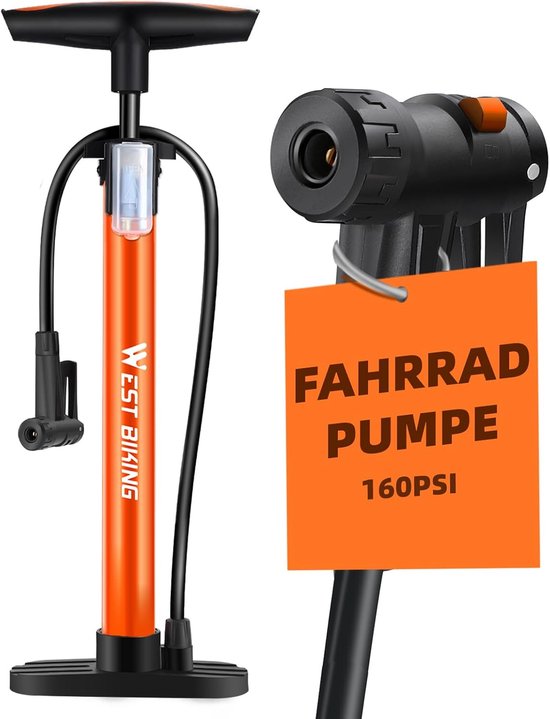 SnelShoppen - Fietspomp voor alle ventielen, 11 bar/160 psi, staande pomp voor racefiets, e-bike, mountainbike, met Franse ventielenadapter, ideaal vo