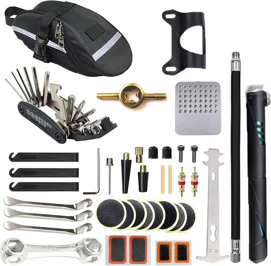 SnelShoppen - Fietsreparatieset voor onderweg met 16-in-1 multitool, fietspomp en reparatietas voor mountainbike, racefiets, camping en reizen