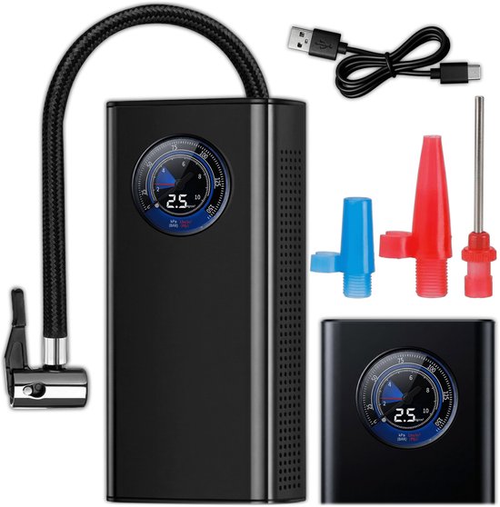 SnelShoppen - KRUMAD Kabelloze Luchtpomp Elektrisch voor Fiets en Auto, Oplaadbare Mini Compressor met Manometer, USB Persluchtpomp voor Motorfiets, B