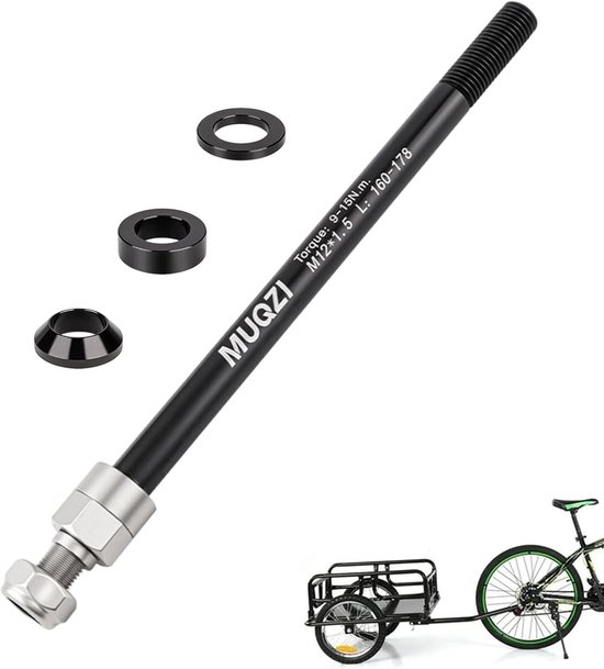 SnelShoppen - M12 x 1,5 Thru as voor fietskarren - Verstelbare lengte 160-178 mm - Compatibel met meeste fietskarren - Inclusief 3 afstandhouders