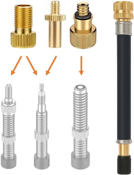 SnelShoppen - Manovella Fietspomp Adapter Set - 3 Universele Ventiel Adapters + 140 mm Rubber Ventiel Extensie voor Auto Ventiel Schrader, Dunlop Blit