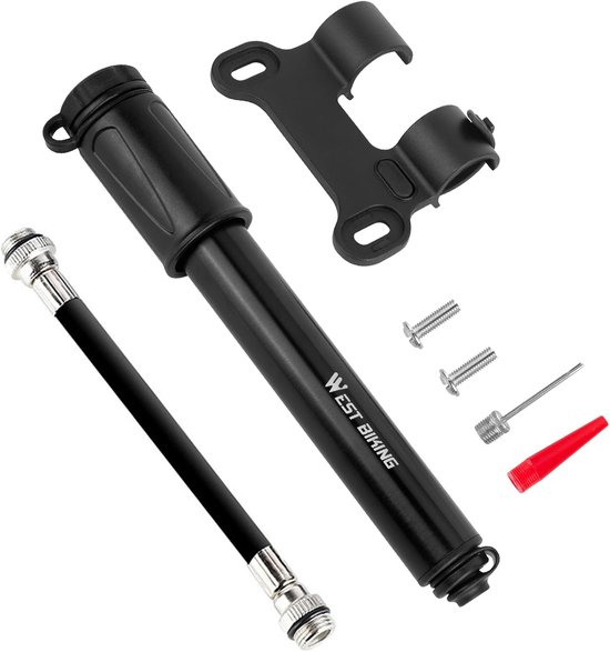 SnelShoppen - Mini-fietspomp, kleine luchtpomp met slang, aluminium fietspomp met framehouder, hoge druk mini-handpomp voor racefiets en mountainbike