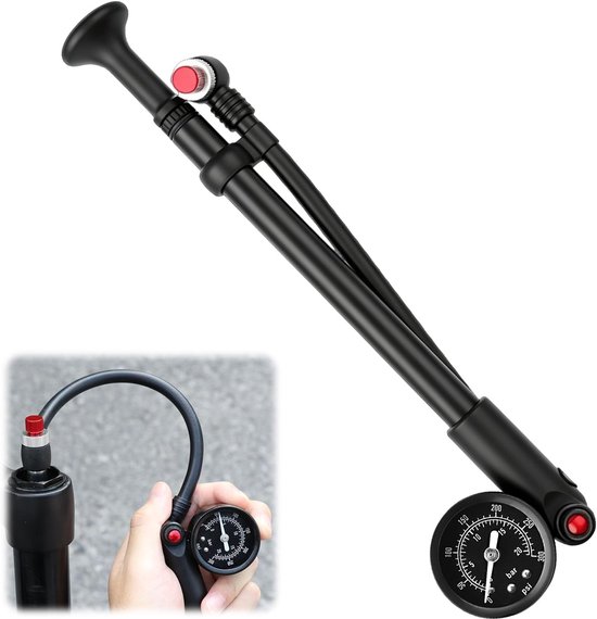 SnelShoppen - Veervork Schokdemperpomp, Hogedruk Fietspomp tot 300 PSI met Manometer en Ontluchting voor MTB en Racefiets, Verende Vorkpomp voor Preci