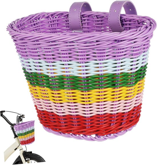 SNQ Fietsmand - Fietsmand vooraan - 1 stuck - 22 × 16 cm - Kunstrotan voormand - Rieten - Gevlochten fietsmand - Geschikt voor middelgrote e-bikes en fietsen - Regenboogkleuren van SNQ