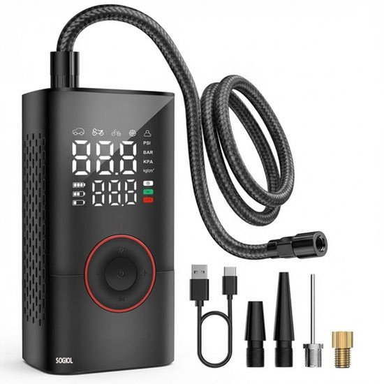 Sogiol® Draagbare Elektrische Bandenpomp - Draadloze Luchtcompressor 150 PSI met LCD-Scherm & LED-Verlichting - Voor Auto, Motor & Fiets