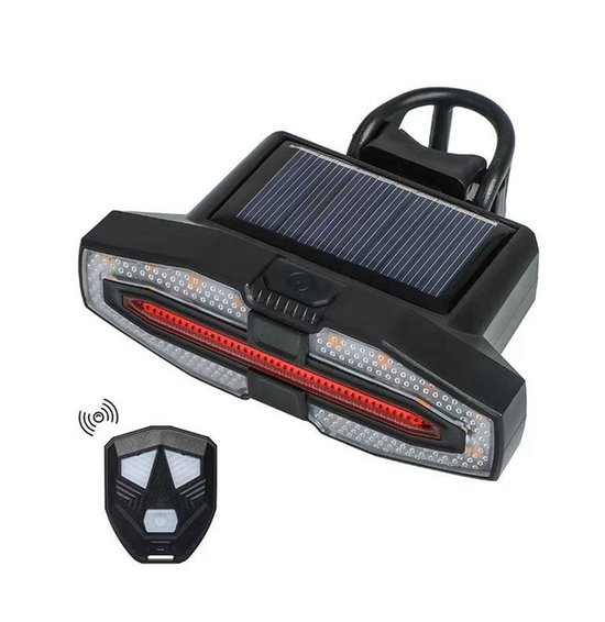 Solar Fietsachterlicht Met Richtingaanwijzers - Draadloze Afstandsbediening - USB/Zonne-Oplaadbaar - 5 Lichtmodi - IPX5 Waterdicht - Fietslicht - Fietsverlichting - Zwart