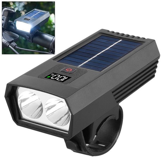 Solar & USB Fietslamp - 1000lm Hoge Helderheid - Anti-Verblindend LED Licht - Met Batterij Indicator - IPX5 Waterdicht - Zwart (10x4.5x2.5cm)