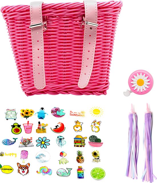 Somstyle Complete Fiets Accessoires Set - Fietsmand Geschikt voor 12 tot 20 Inch Fietsen / Steps / Driewielers - Kinderfiets - Fietsbel & Stickers - Roze van Somstyle