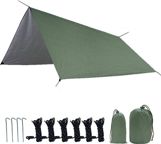 Somstyle Tarp voor Kamperen - 300 x 300 CM - Outdoor Draagbaar Zonnescherm met Draagtas - Waterdicht Schaduwdoek - Tentzeil - Legergroen van Somstyle