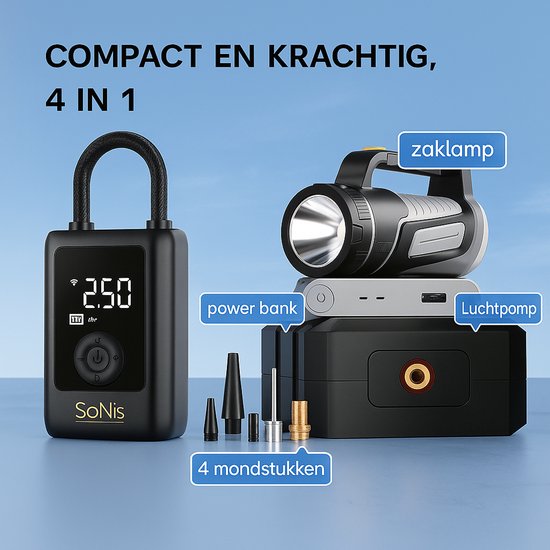 SoNis Elektrische Fietspomp - Luchtcompressor - voor Fiets, Scooter, Motor en Auto - Elektrische Bandenpomp - Oplaadbaar & Draagbaar - Bandenpomp - Compressor - Tot 10.3 Bar - Incl. Opbergzakje en Powerbankfunctie van SoNis