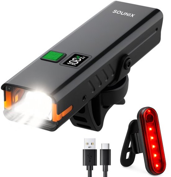 Sounix Fietsverlichting Set LED - Voorlicht en Achterlicht - 1200 Lumen Led Fietslamp - batterij LED-display - Valbestendig - Koplamp fiets - Fietslampjes - Zwart van Sounix