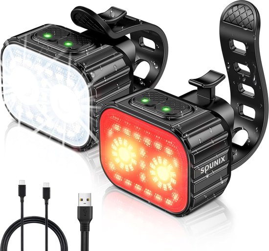 Sounix Fietsverlichting USB oplaadbaar - 8+12 Lichtstanden - IP65 Waterdicht - Voorlicht & Achterlicht - Racefiets Verlichting - Zwart