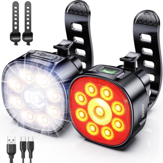 Sounix Fietsverlichting USB oplaadbaar - 8+7 Lichtstanden - IP65 Waterdicht - Voorlicht & Achterlicht - Led Fietslamp - Valbestendig - Koplamp fiets - Fietslampjes - Fietslichten - Zwart van Sounix