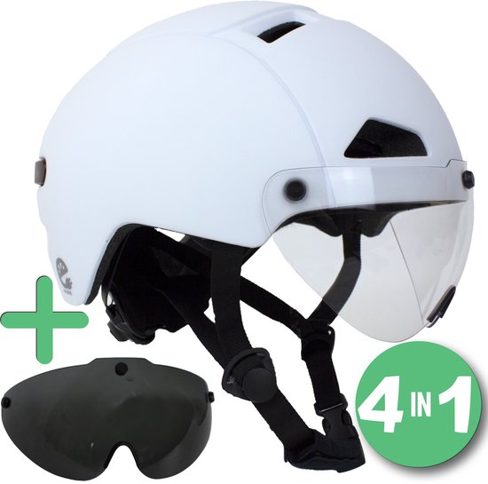Speed pedelec helm Wit met vizier en verlichting – 4 in 1 - 2 Vizieren – NTA 8776 - Maat L 58-61 cm – Snorscooter helm - Snorfiets Helm blauw kenteken - Fatbike helm