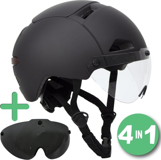 Speed pedelec helm Zwart met vizier en verlichting – 4 in 1 - 2 Vizieren – NTA 8776 - Maat L 58-61 cm – Snorscooter helm - Snorfiets Helm blauw kenteken - Fatbike helm van Merkloos