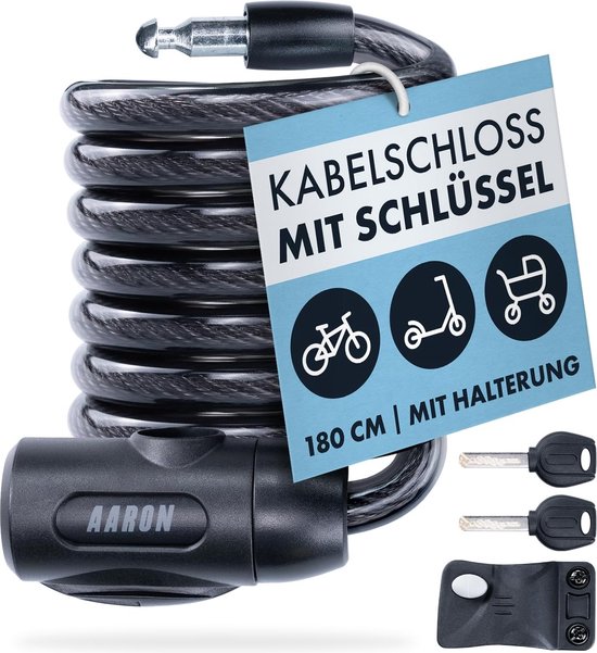 Spin Fietsslot met sleutel, 180 cm/12 mm, spiraalslot met hoge veiligheid, licht kabelslot met houder voor e-bike, mountainbike, trekkingfiets, zwart van Spin