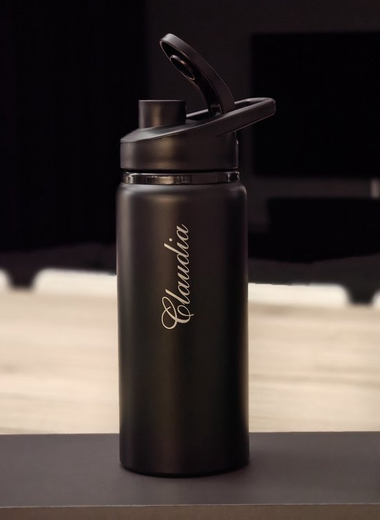 Sport bidon - Sportfles Aluminium - Zwart - Met eigen naam - Laser gegraveerd van Merkloos