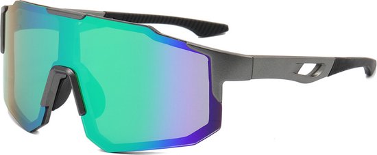 Sport Zonnebril - Fietsbril - Sportbril - Grijs Zwart - Groen Blauw Spiegel - Gepolariseerd van Merkloos