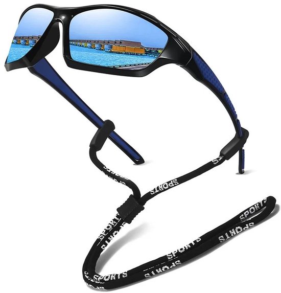 Sportzonnebril Heren en Dames | Zonnebril UV400 | Fietsbril Wielrennen MTB | Hardloopbril | Motorbril | Vissersbril | Outdoor Sportbril | Winddichte Zonnebril | Festival Rave Bril | Zwart Montuur | Blauwe Spiegel Lens | Sportbril | Anti Reflectie van Merkloos