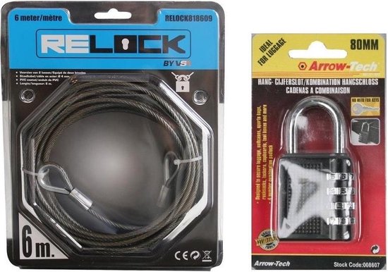 Staalkabel PVC coated 6 m met stalen hangslot / cijferslot zwart 40 mm - fietsslot / kabelslot van Perel