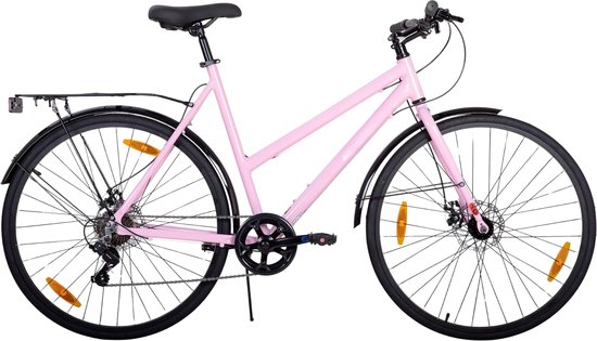 Stadsfiets 71 cm - Voor dames en heren voor woon-werkverkeer en dagelijks gebruik - Met 7 versnellingen, spatborden en bagagedrager - Roze aluminium frame