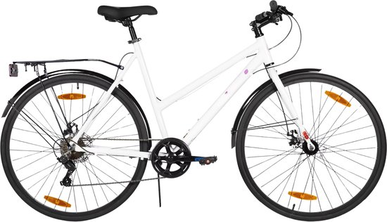 Stadsfiets 71 cm – Voor dames en heren voor woon-werkverkeer en dagelijks gebruik – Met 7 versnellingen, spatborden en bagagedrager – Wit aluminium frame