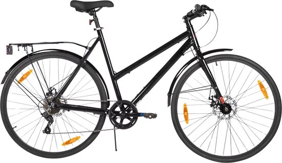 Stadsfiets 71 cm – Voor dames en heren voor woon-werkverkeer en dagelijks gebruik – Met 7 versnellingen, spatborden en bagagedrager – Zwart aluminium frame