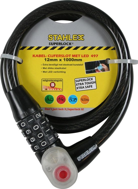 Stahlex Kabel cijferslot met LED-verlichting - 12 x 1000 mm - Stootvast kunststof - Dikke staalkabel van Stahlex