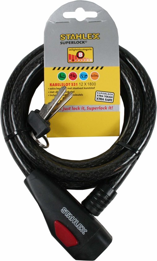 Stahlex Kabelslot - 12 mm x 1800 mm - Zwart - Inclusief 2 sleutels - Spatwaterdicht en slagvast van Stahlex