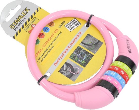 Stahlex Ø10mm / 65cm kabelslot schlechts 230g met cijferslot | Het eerste fietsslot voor uw kind | Roze van Stahlex