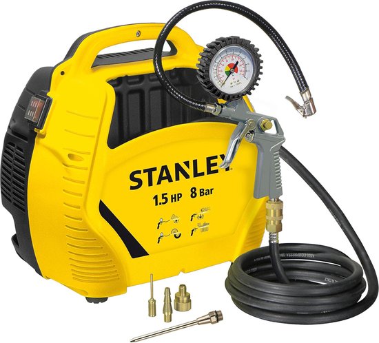 Stanley Compressor 8Bar - Luchtcompressor Olievrij met Luchtgereedschap - Compressoren Set Incl. Luchtslang 3M, Luchtpistool met Drukmeter en 3 Mondstukken - Geel