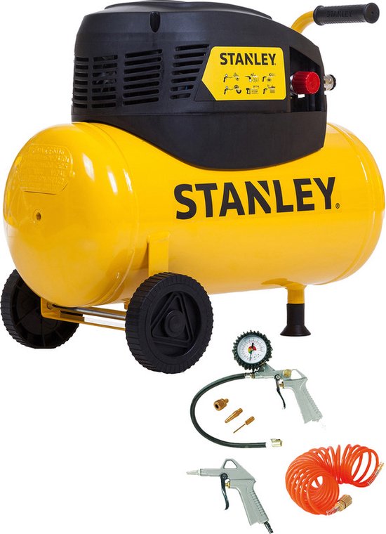 Stanley Compressor D200/8/24 Incl. 6 Accessoires - Luchtcompressor 8 Bar - 24L - Incl. Luchtpistool, Opblaaspistool, Spiraalslang 5M en 3 Opzetstukken - Geel