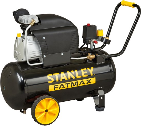 Stanley Fatmax Compressor, 50 liter, 10 bar, oliegesmeerd, horizontaal model, 2,5 pk, 240 l/min luchtdebiet, draagbaar, zwart geel, geschikt voor oppompen en pneumatisch gereedschap