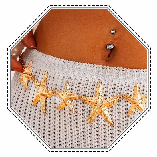 Starfish Boho Waist Body Chain Gold Sea Star Belly Belt Necklaces Beach Summer Body Jewelry For Women, One Size, /, No Gemstone, /, No Gemstone