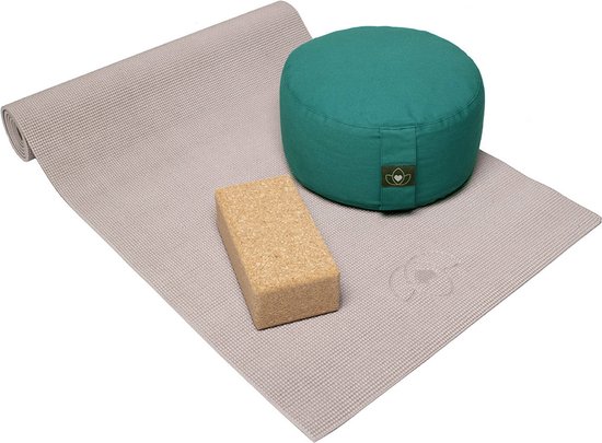 Starterspakket yogamat, meditatiekussen en blok - taupe effen van Starter