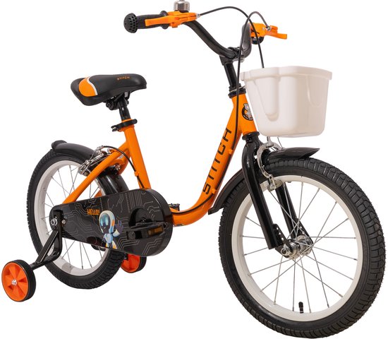 STITCH Kinderfiets - 16 Inch - 4-7 Jaar Jongens en Meisjes - Zijwieltjes - Mandje - Bel - Handrem - Oranje - Geschikt voor buitenactiviteiten in de lente