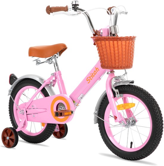 STITCH Retro Kinderfiets Meisjes - 14 Inch - Geschikt voor 2 t/m 8 Jaar - Met Fietsmandje & Zijwieltjes
