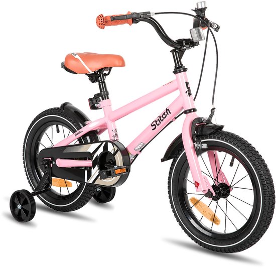 STITCH Totem Jongensfiets - 14 Inch - Kinderfiets voor 3 tot 5 Jaar - Met Zijwieltjes - Roze - Geschikt voor buitenactiviteiten in de lente