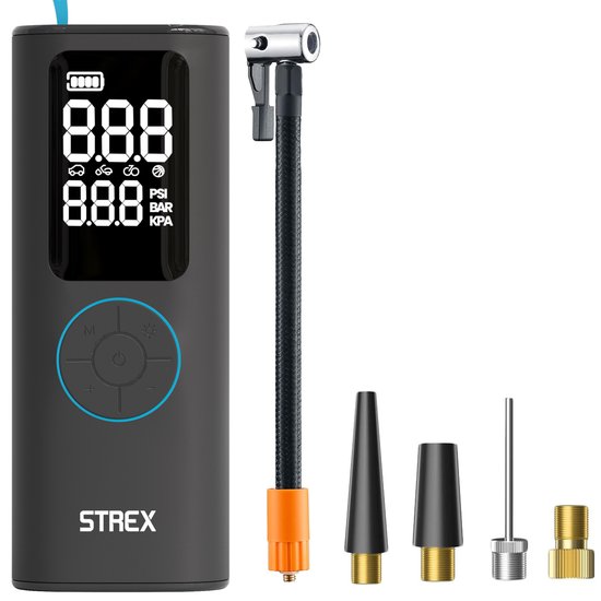 Strex Elektrische Bandenpomp - Draadloze Mini Compressor 3-in-1 - Auto, Fiets, Scooter, Bal & Luchtbed - Tot 10,5 bar / 150 PSI - 30L/min - 8000 mAh Powerbank & Zaklamp