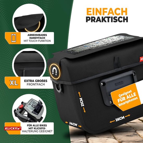 Stuurtas voor fiets 100% waterdicht - afneembaar vak voor mobiele telefoon - geschikt voor e-bike - zwart van AGU