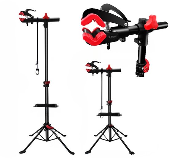 SUMOH® Universeel Fiets Montagestandaard – Fiets Reparatiestandaard & Fietsenstandaard – Geschikt voor E-Bike, Mountainbike & Racefiets – 360° Draaibaar – Verstelbaar & Inklapbaar – Met Gereedschapsbakje en Stuurhouder – Professioneel