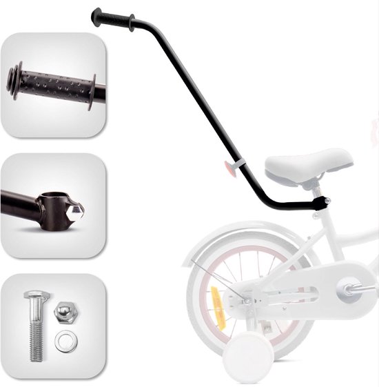 Sun Baby Duwstang voor kinderfiets - Zwart, verstelbare fiets leerhulp accesoires fietsenleerhulp steunstang fietsstang