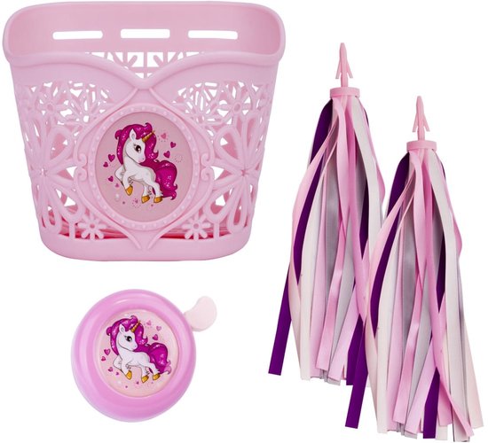 sun baby Fietsmand kinderfiets + bel + linten, Eenhoorn - Roze, mand voor step, kunststof, eenvoudig te monteren, max. 0,5 kg, verschillende kleuren beschikbaar van Merkloos