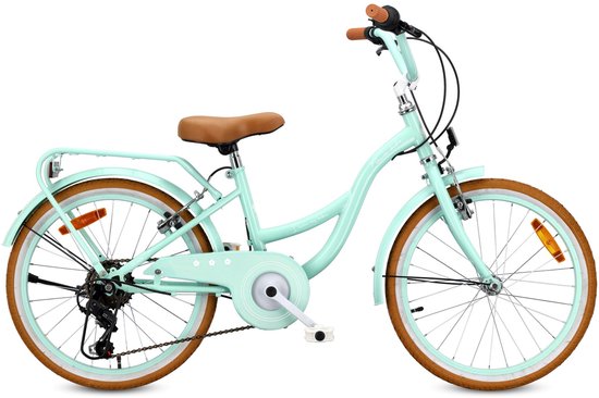 SUN BABY FLOWER BIKE RETRO Kinderfiets 20 inch, Fiets voor een meisje 20" - 6 versnellingen, stalen frame, V-brakes, spatborden, kettingkast, verlichting, bel, verstelbaar - Mint
