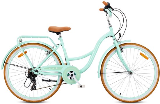 SUN BABY FLOWER BIKE RETRO Stadsfiets dames 26", fiets voor vrouwen, damen, meisjes, fiets 26 inch - 7 versnellingen, V-brakes, stalen frame, bagagedrager, spatborden - Mint