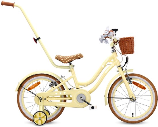 SUN BABY Heart Bike Fiets voor een meisje van 2 tot 6 jaar, 12, 14, 16 inch, met fietsbel, zijwieltjes, duwstang en stuurmandje (Butter Yellow, 16 inch)